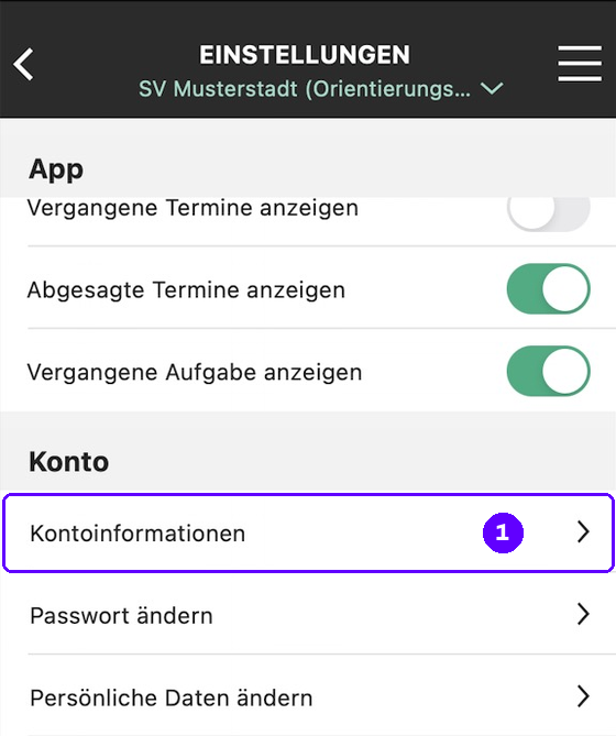 Einstellungen der App, Bereich Konto. Der Eintrag Kontoinformationen ist mit 1 markiert. Darunter die Einträge Passwort ändern und Persönliche Daten ändern.
