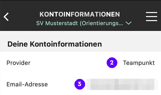 Bildschirm Kontoinformationen. Zeile Provider mit dem Wert Teampunkt, markiert mit 2. Zeile Email-Adresse, markiert mit 3, die Adresse ist unkenntlich gemacht.